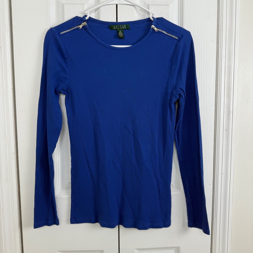 Lauren Ralph Lauren Womens Royal Blue Ribbed Long Sleeve Zipper‎ Shoulder Top M